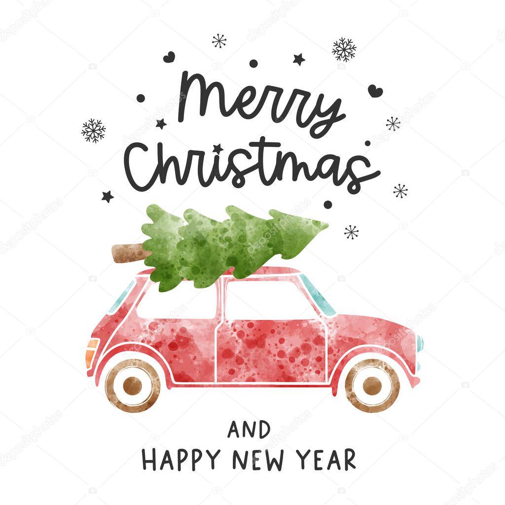 Christmas card with car and Christmas tree, watercolor vector illustration.