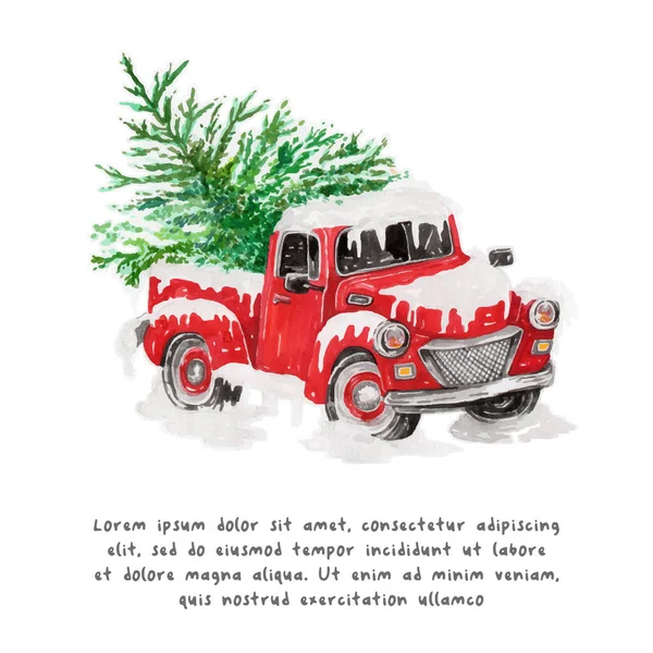 Υδατογραφία Χριστουγεννιάτικο Αυτοκίνητο Κόκκινο Vintage Αυτοκίνητο Χριστουγεννιάτικο Δέντρο Εικονογράφηση Διανύσματος Εικονογράφηση Αρχείου