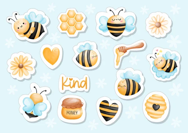 Akvarell Honey Bee Klistermärke Digital Färg Vektor Illustration Stockvektor