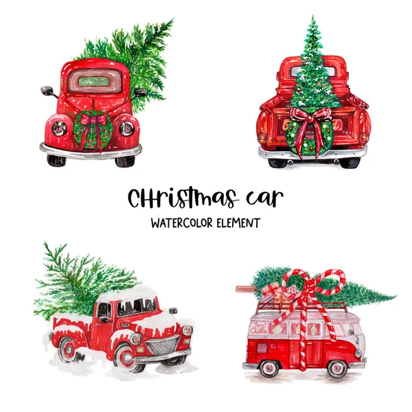 Υδατογραφία Χριστουγεννιάτικο Αυτοκίνητο Και Χριστουγεννιάτικο Δέντρο Στοιχείο Royalty Free Διανύσματα Αρχείου
