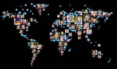 Dünya haritası şeklinde yerleştirilmiş insan portreleri koleksiyonu. Küresel İş Kavramı.