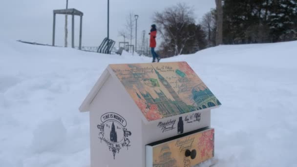 Rússia Novosibirsk Mar 2020 Mulher Caminha Telhado Uma Casa Brinquedo — Vídeo de Stock