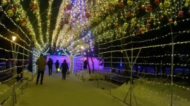 RUSSIA, NOVOSIBIRSK - 23 DEC 2019: Aydınlatma Noel süslemeleri, çelenkler ve ışıklar şehir meydanında