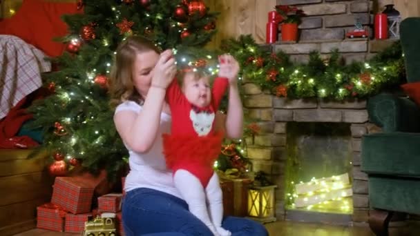 Happy Mother Playing Baby Christmas Tree — Stock Video