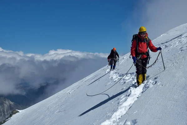 Bunch of mountaineers climbs to the top of a snow-capped mountain