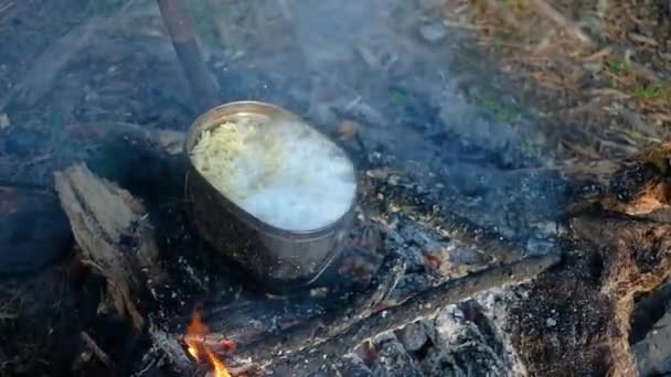 Panela de caminhada, Bowler em fogueira. ferve em caldeirão em jogo. cozinhar no acampamento — Vídeo de Stock