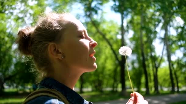 Жінка дме на білій кульбабі в літньому парку — стокове відео