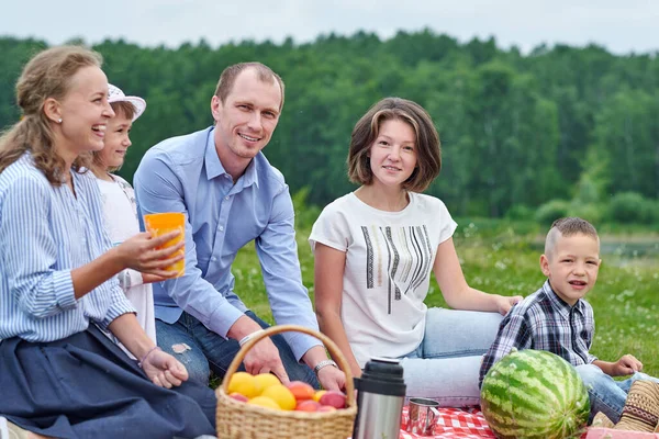 Piknikte Mutlu Bir Aile Çayır Parkta Piknik Genç Arkadaşlar Onların — Stok fotoğraf