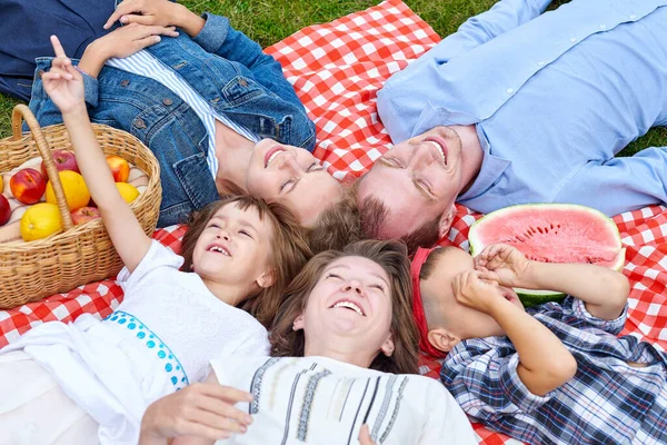 Mutlu Aile Piknikte Dinleniyor Meadow Kareli Ekosenin Üzerinde Uzanmak Eğlenmek — Stok fotoğraf