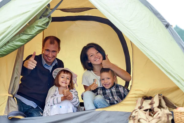 Family Parents Two Children Camp Tent Happy Mother Father Son — Stock Photo, Image