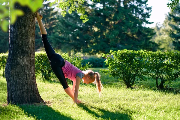 Yoga Mujer Joven Practicando Yoga Bailando Estirándose Naturaleza Parque Concepto — Foto de Stock