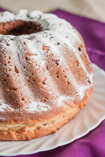 Bolo de Páscoa com açúcar de confeiteiro e passas — Fotografia de Stock