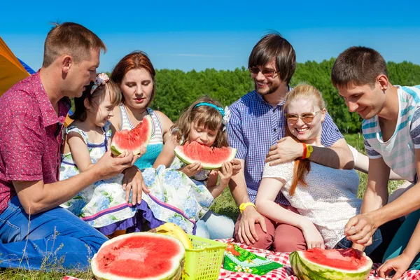 Açık grup portresi Park yeşil çimenlerin üzerinde piknik ve karpuz zevk mutlu şirketi — Stok fotoğraf