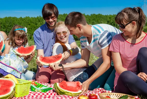 Outdoor group portrait of happy company having picnic on green grass in park and enjoying watermelon — Stock Photo, Image