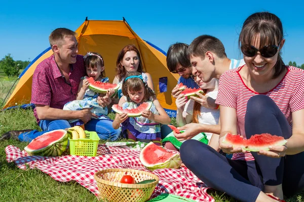 Açık grup portresi Park yeşil çimenlerin üzerinde piknik ve karpuz zevk mutlu şirketi — Stok fotoğraf