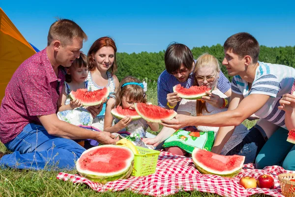 公園の緑の芝生のピクニックとスイカを楽しんで幸せな家族の屋外のグループの肖像画 — ストック写真