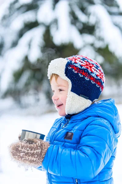 Buiten portret jongetje is het drinken van hete thee in winter park — Stockfoto