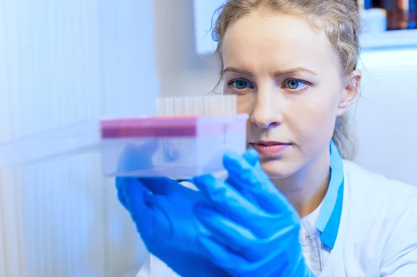 Closeup of woman scientist chemist with test tubes in modern laboratory — Stockfoto