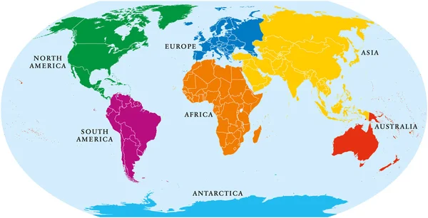 Siedmiu kontynentach mapa świata — Wektor stockowy