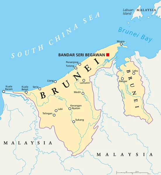 Brunei mapa político — Vetor de Stock