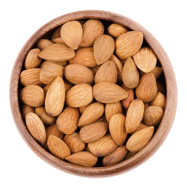 Shelled almonds in a bowl on white background — Stock Photo, Image
