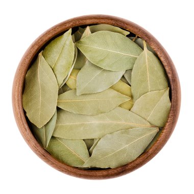 Beyaz bir kase kuru defne yaprağı