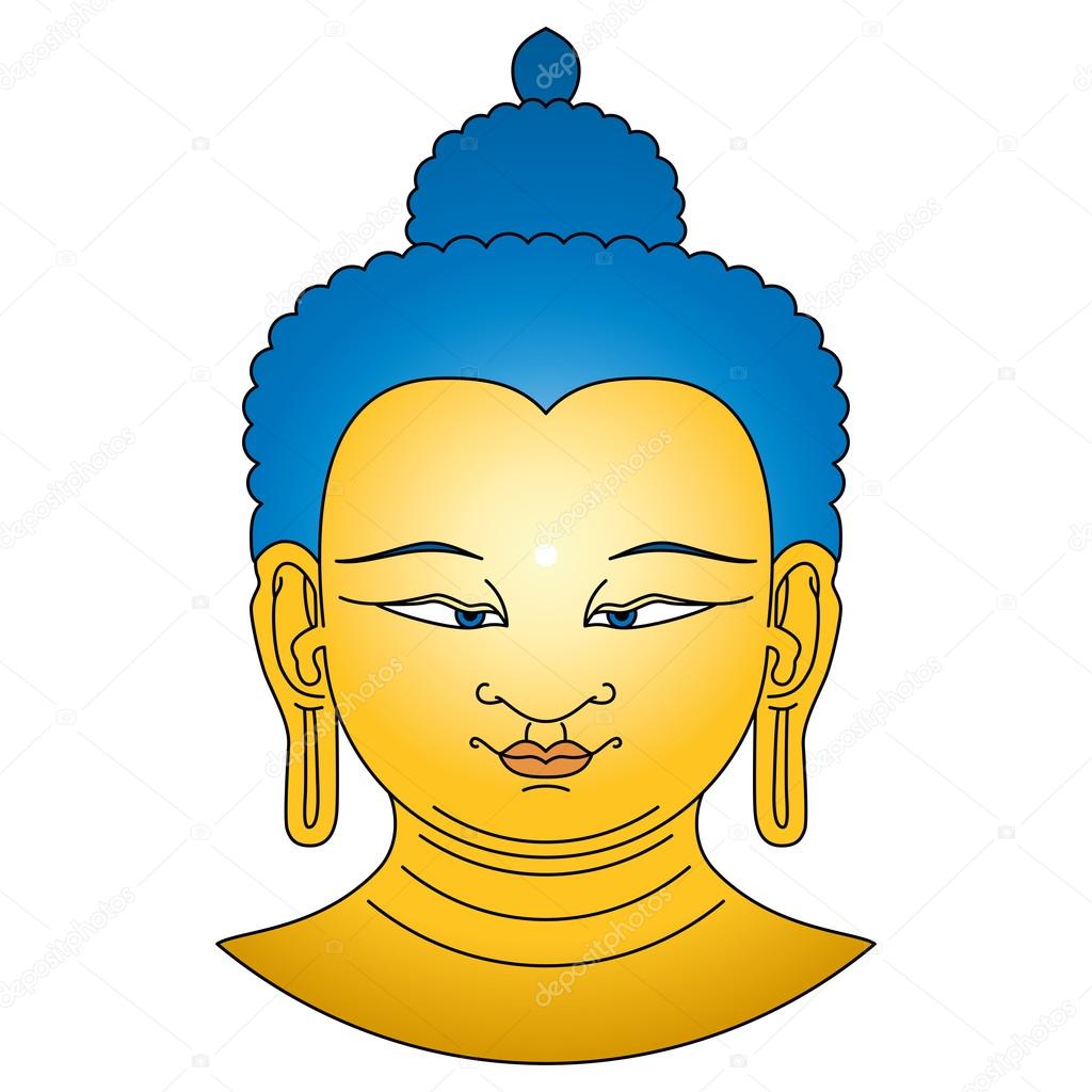 Gold colored Buddha head with blue hairs