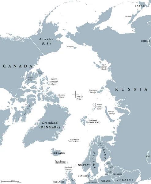 Arctische regio landen en politieke kaart van de Noordpool — Stockvector