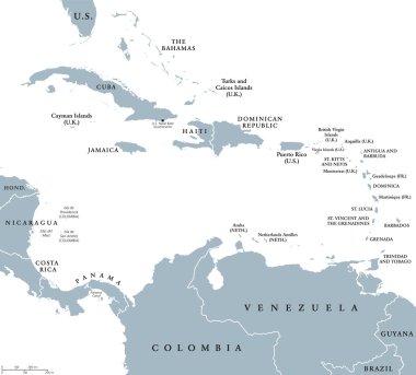 The Caribbean countries political map