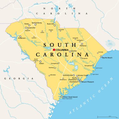 Güney Carolina, SC, politik harita, başkent Columbia ile, en büyük şehirler ve sınırlar. Amerika Birleşik Devletleri 'nin güneydoğu bölgesinde bir eyalet. Palmetto Eyaleti. İllüzyon. Vektör.