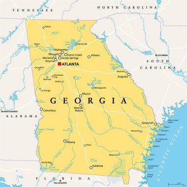 Georgia, GA, political map, with capital Atlanta and largest cities. State in the southeastern region of the United States of America. Peach State. Empire State of the South.  Illustration. Vector. clipart
