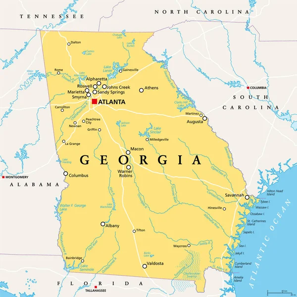 Georgia Political Map Capital Atlanta Largest Cities State Southeastern Region — Stock Vector