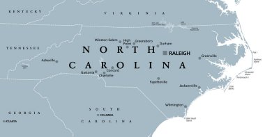 North Carolina, NC, gray political map. With capital Raleigh and largest cities. State in the southeastern region of the United States of America. Old North State. Tar Heel State. Illustration. Vector clipart