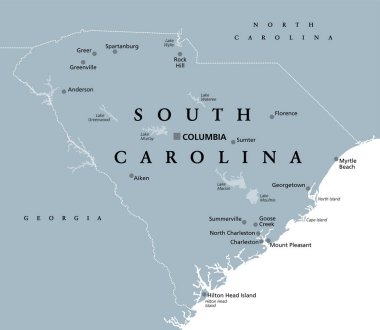 Güney Carolina, SC, gri politik harita, başkenti Columbia, en büyük şehirleri ve sınırları var. Amerika Birleşik Devletleri 'nin güneydoğu bölgesinde bir eyalet. Palmetto Eyaleti. İllüzyon. Vektör.