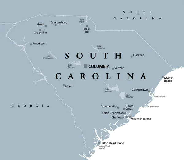 サウスカロライナ州 灰色の政治地図 首都コロンビア 最大の都市や国境と アメリカ合衆国南東部の州 パルメット州 イラスト ベクトル — ストックベクタ
