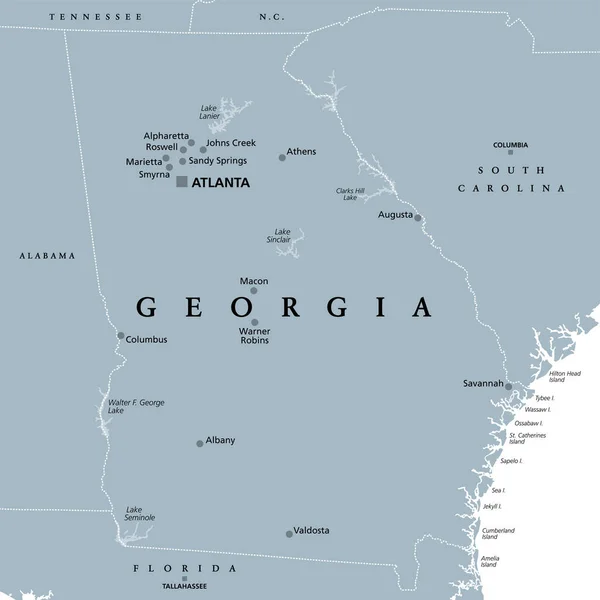 Georgia Gray Political Map Capital Atlanta Largest Cities State Southeastern — Stock Vector