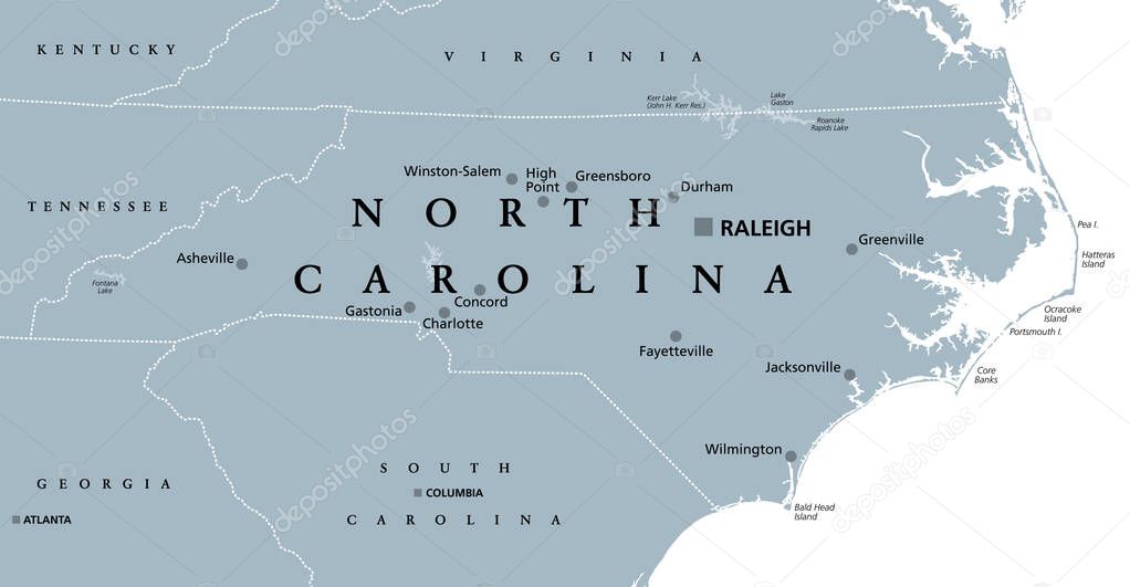 North Carolina, NC, gray political map. With capital Raleigh and largest cities. State in the southeastern region of the United States of America. Old North State. Tar Heel State. Illustration. Vector