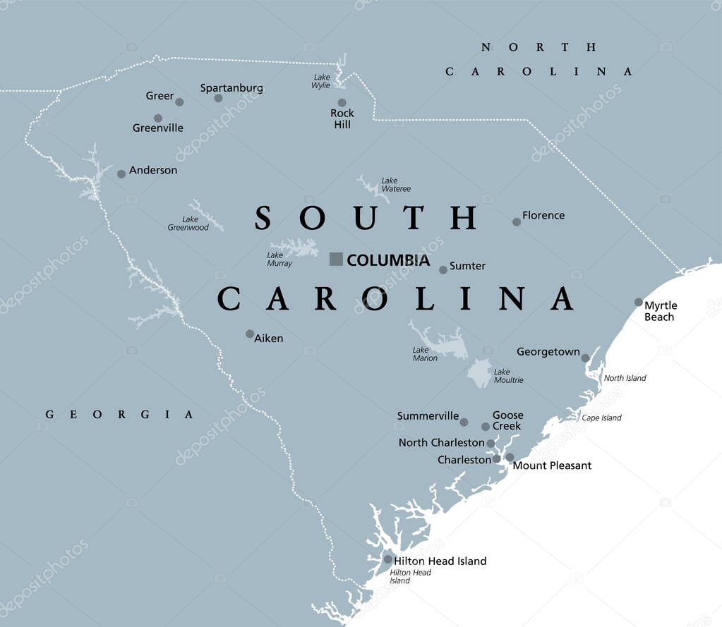 South Carolina, SC, gray political map, with capital Columbia, largest cities and borders. State in the southeastern region of the United States of America. The Palmetto State.  Illustration. Vector.