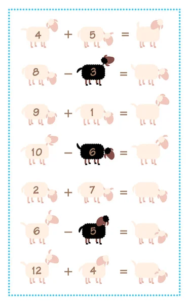 Arkusz Gry Matematycznej Dodatkami Odejmowania Prosta Matematyczna Zabawa Czarnymi Owcami — Wektor stockowy