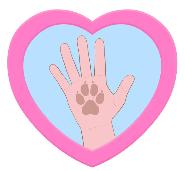 High Five Human Hand Dogs Paw Print Pink Heart Shaped — Stock Vector