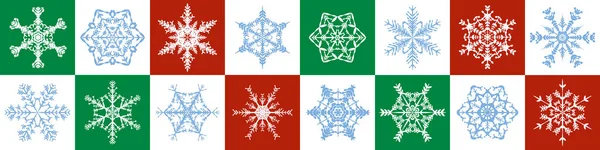 Modèle Flocons Neige Rouge Vert Fond Noël Blanc Illustration Vectorielle — Image vectorielle