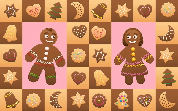 Kerstkoekjes Met Peperkoek Man Vrouw Liefde Koekjes Symbolen Typische Vormen — Stockvector