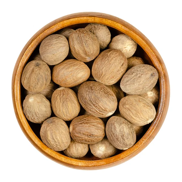 Dried Whole Nutmegs Wooden Bowl Fragrant True Nutmeg Seed Myristica — Stock Photo, Image