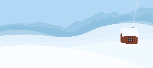 1つの木造住宅 パノラマの風景と雪の丘 静けさ ロマンス 穏やかな冬の平和の象徴 コミックベクトルイラスト — ストックベクタ