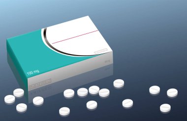 İlaç paketi, etiketi boş ilaç kutusu etiketsiz paket, dağınık haplar. Vektör illüstrasyonu.