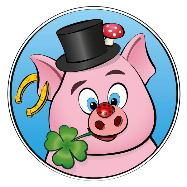 Новогодняя ночь счастливый символ. Счастливая свинья с клевером, божьей коровки, подковы, жабры и цилиндра в круглой рамке. Изолированная векторная иллюстрация на белом фоне.