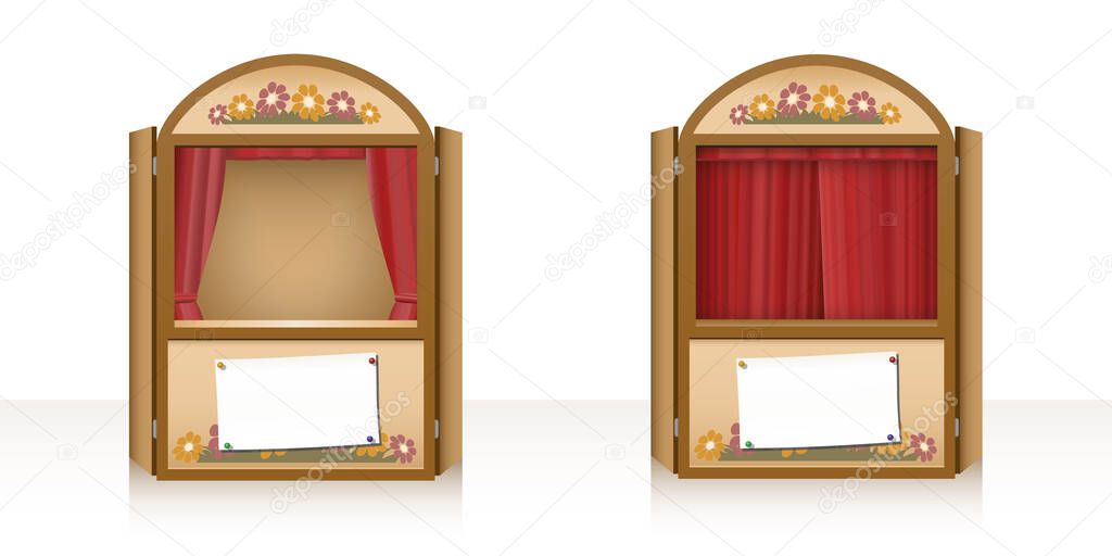 Puppet theater with open and closed curtain and a blank staging announcement banner. Punch and judy booth, stage play for children. Vector illustration on white background.