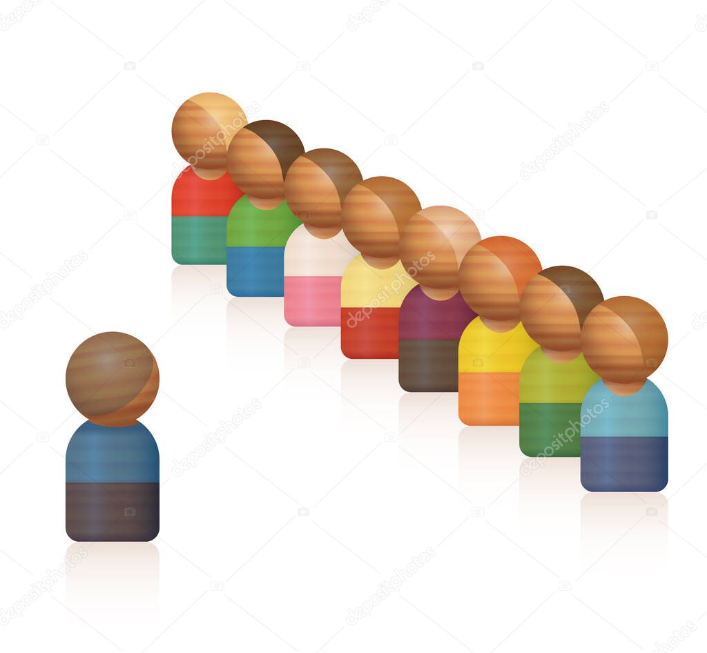 Employees awaiting instructions from the boss. Staff standing in a row listening to the orders, directives, rulings, tasks, decrees, briefing and words of command. Toy figures, vector illustration.