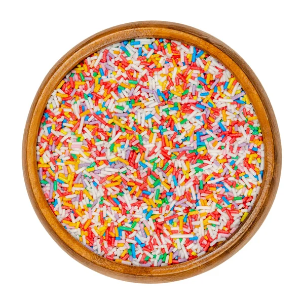 Rainbow Sprinkles Wooden Bowl Rod Shaped Colorful Sugar Sprinkles Tiny — Stock Photo, Image