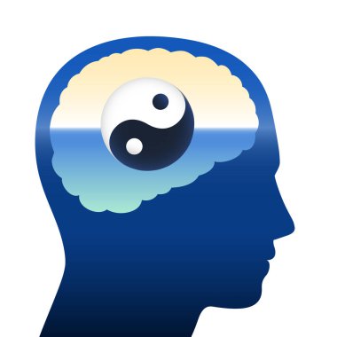 İnsan beyninde Yin Yang denge, uyum, rahatlama, meditasyon, dinginlik, dinginlik, dinginlik, sessizlik ve akıl sağlığının sembolü. Beyaz arkaplanda vektör illüstrasyonu.